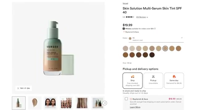 @tati reviewing Versed Skin Solution Skin Tint SPF 40 at 02:13 in a YouTube Shorts video