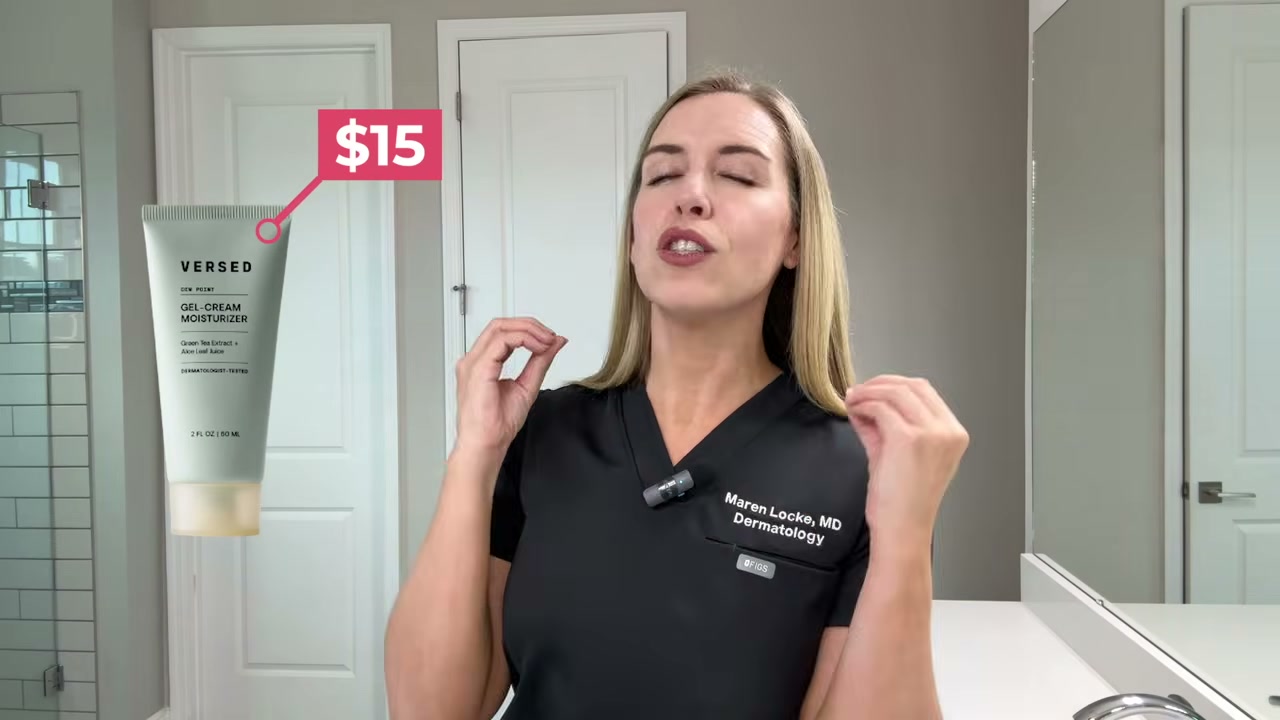 @thebudgetdermatologist reviewing Versed Dew Point Moisturizer at 10:55 in a YouTube Shorts video