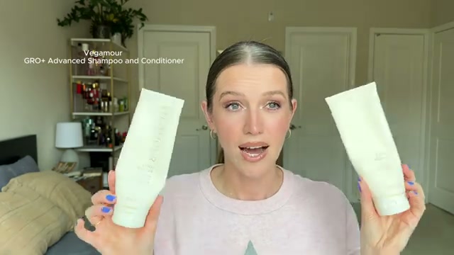 @theelenakoira reviewing Vegamour Grow Gorgeous Advanced Balancing Shampoo and Conditioner at 12:19 in a YouTube Shorts video